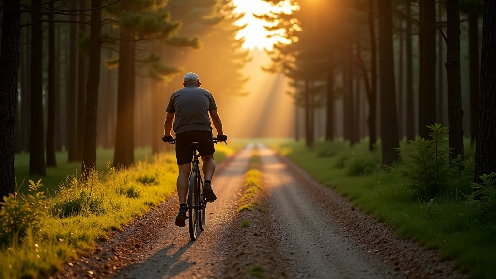 Cyclist riding on gravel forest road through pine trees