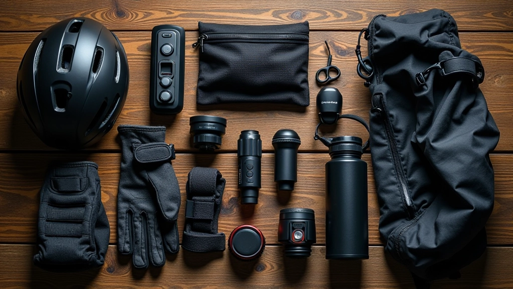 Cycling gear arranged on wooden background, helmet, gloves, repair kit, lights, water bottle, organized layout