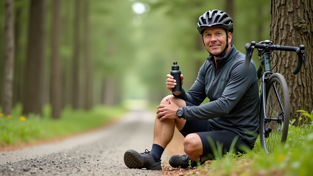 Cyclist taking a break on forest path, holding water bottle and energy bar, bike leaning against tree