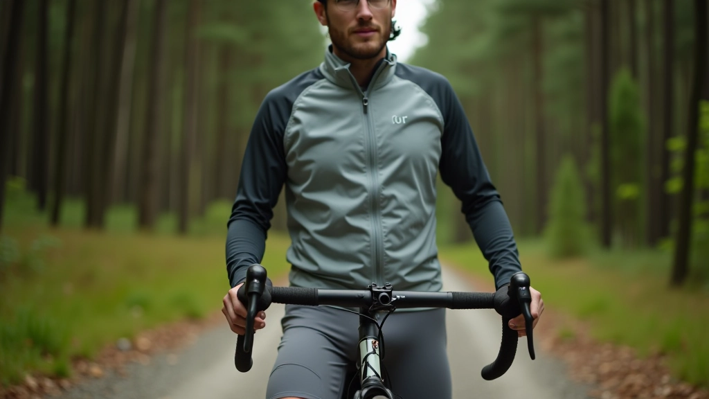 Cyclist wearing practical forest riding clothing including rain jacket and padded shorts on gravel trail