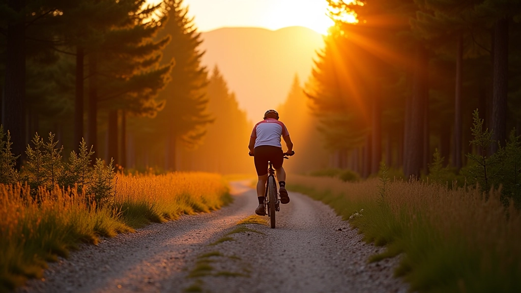 Cyclist riding on gravel forest path during golden hour with pine trees in background