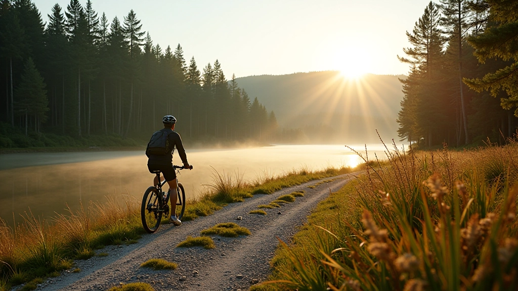 Cyclist riding on gravel path along Engure Lake shore with pine forest in background, morning light, scenic landscape