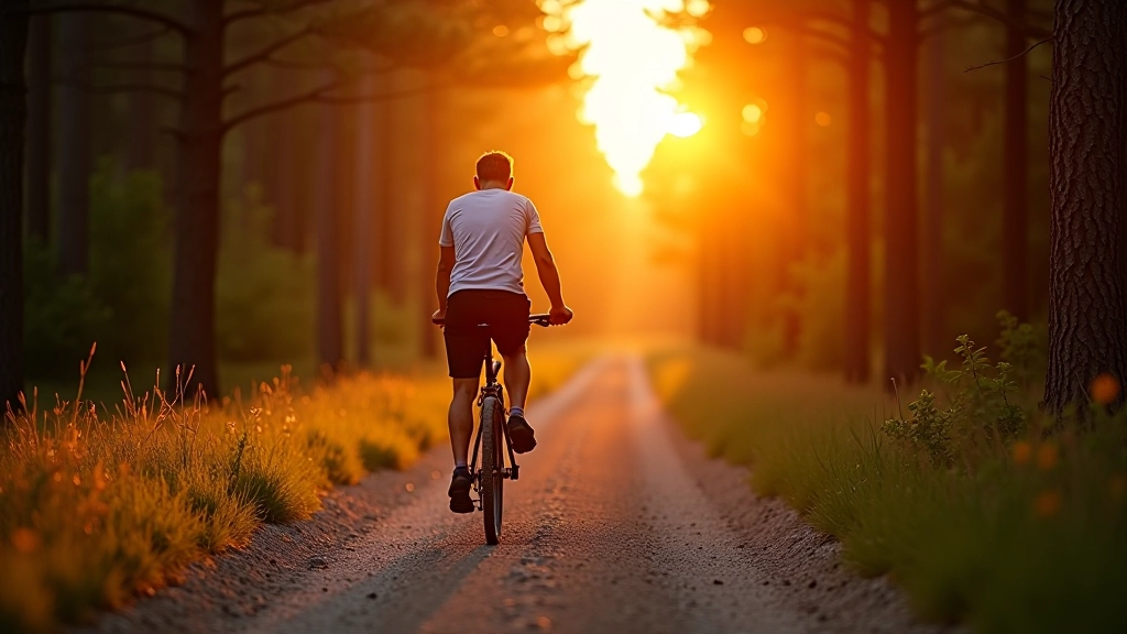 Cyclist enjoying peaceful ride through pine forest at golden hour