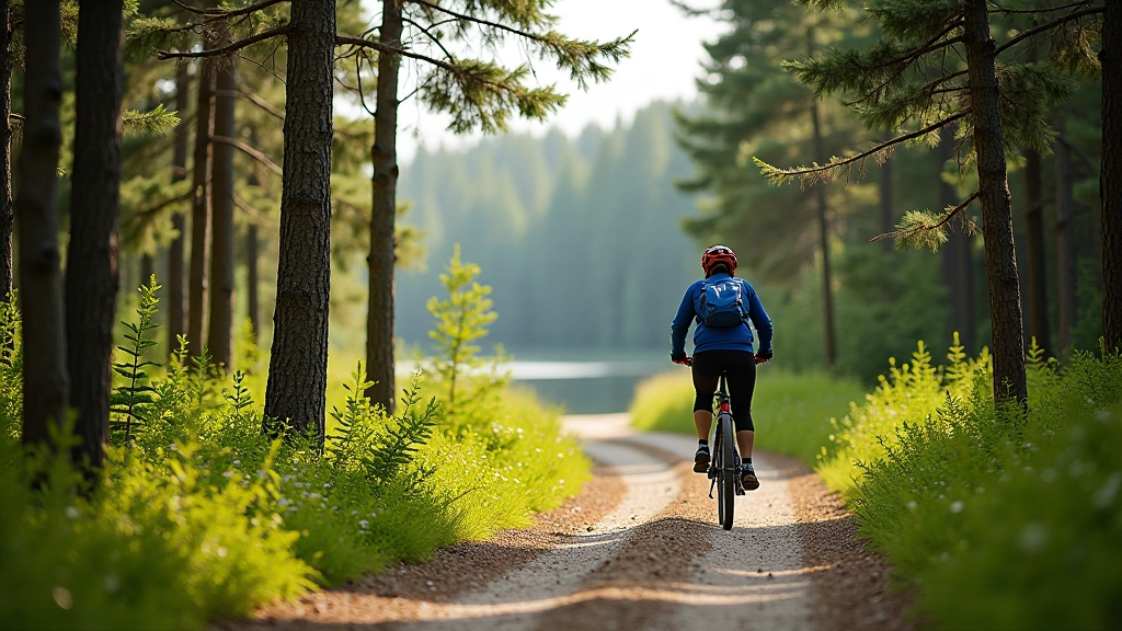 Cyclist riding on scenic forest trail near Engure Lake