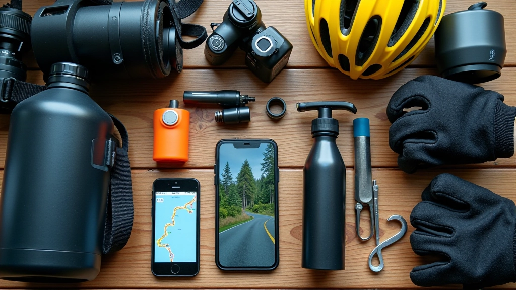 Cyclist's gear laid out on wooden table, water bottles, repair kit, sunscreen, phone with map app, cycling gloves and helmet, flat lay photography