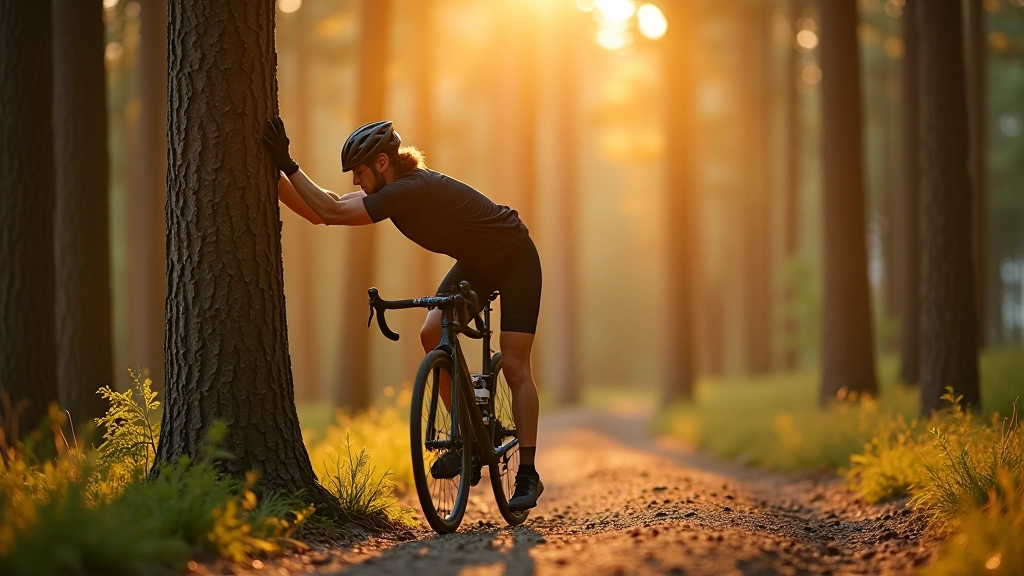 Cyclist stretching legs after ride on forest trail clearing with sunset light