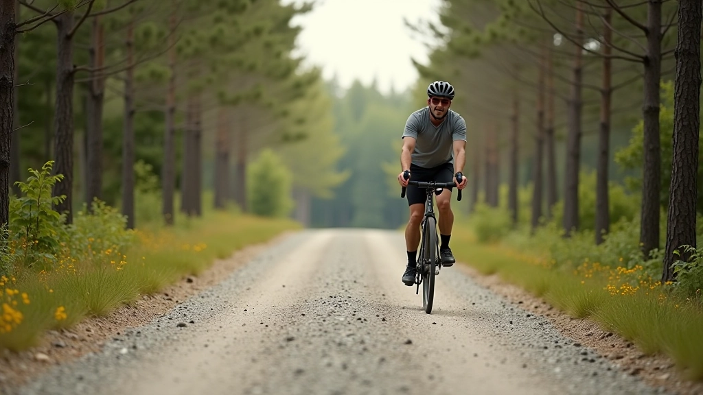 Cyclist training on forest gravel road building endurance fitness