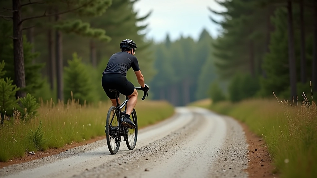 Cyclist training on gravel road with forest in background