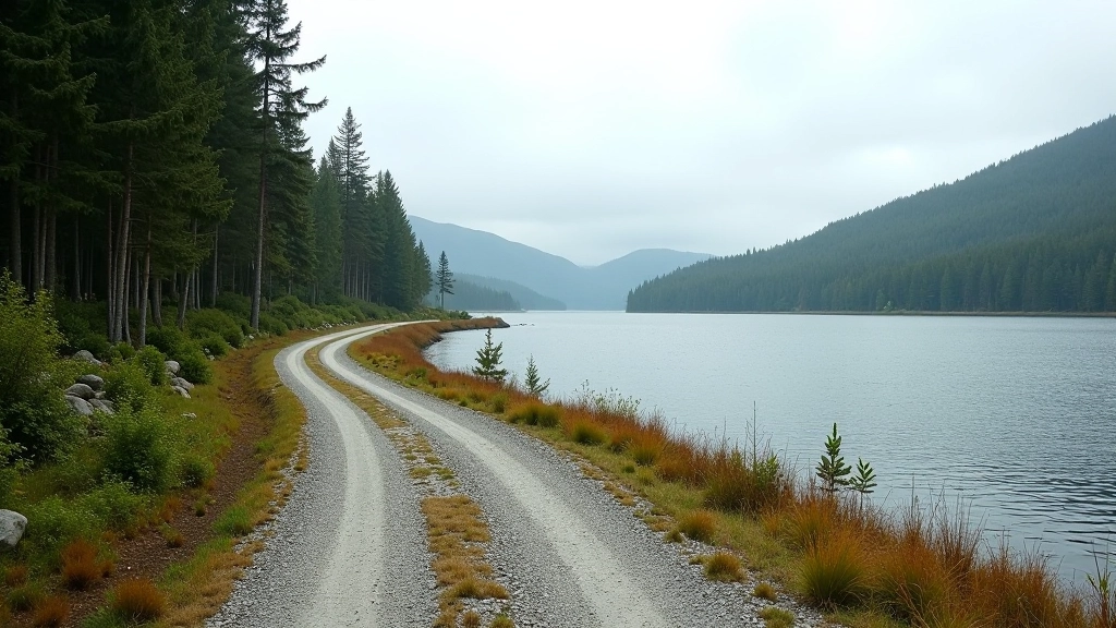 Engure Lake western shore with gravel road curving along water, pine forest in background