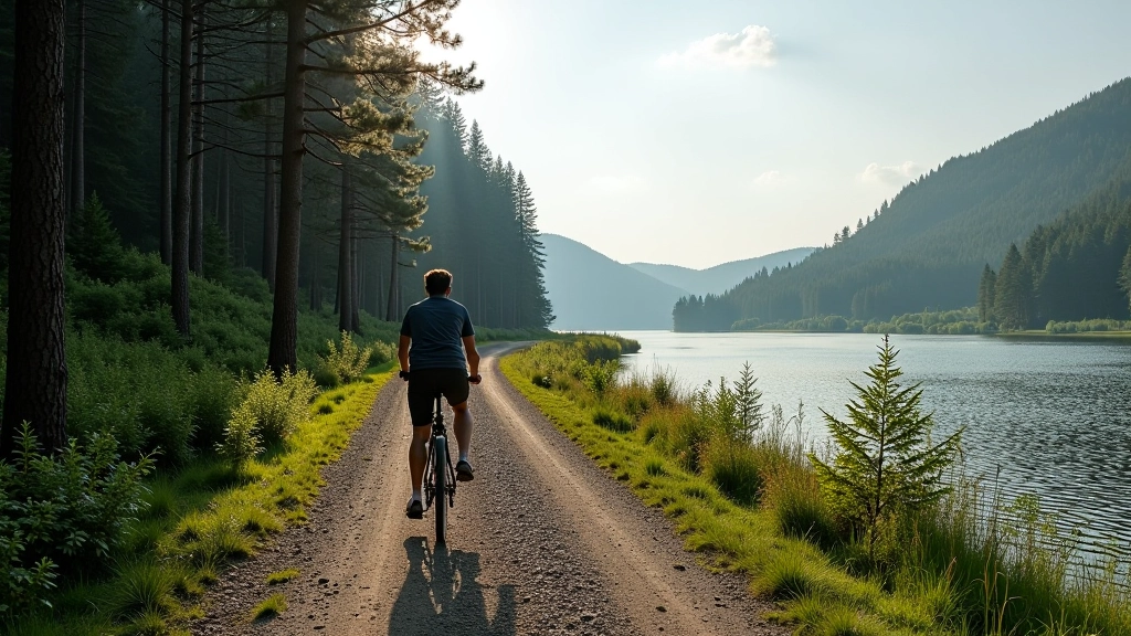 Forest gravel cycling path along water