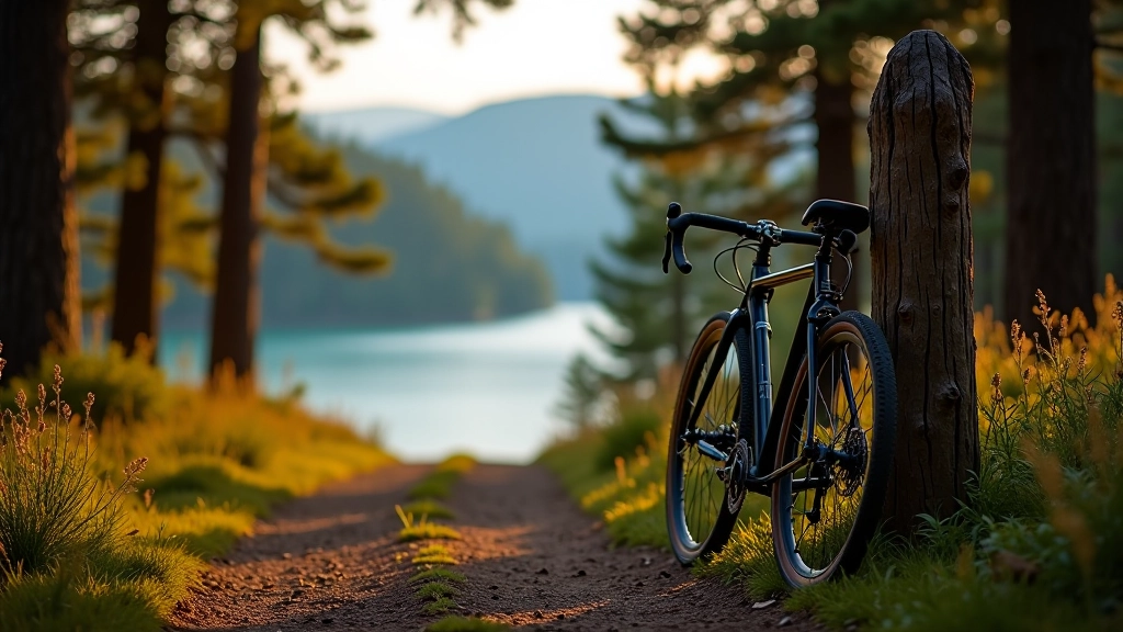 Gravel bike on pine forest trail overlooking Engure Lake with calm water in background