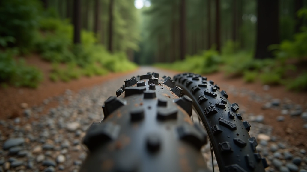 Close-up of gravel bicycle tires on different surfaces, tire tread patterns visible, professional product photography