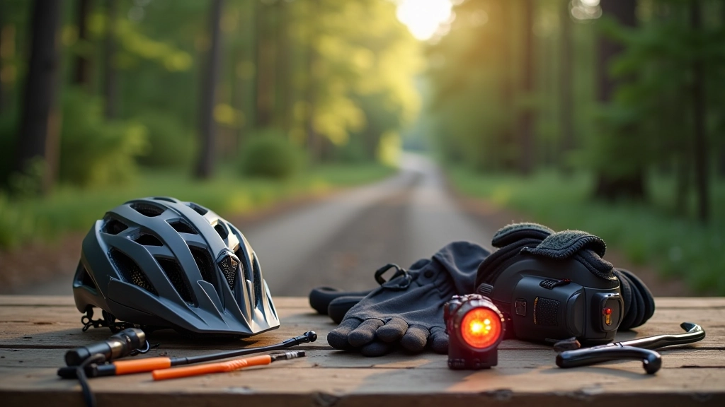 Gravel bike equipment laid out on wooden table including helmet, gloves, lights, and repair tools