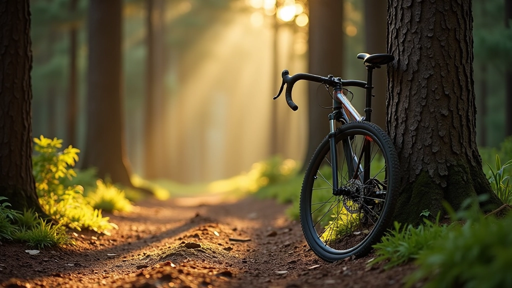 Gravel bike on forest trail near Engure Lake, morning light filtering through pine trees