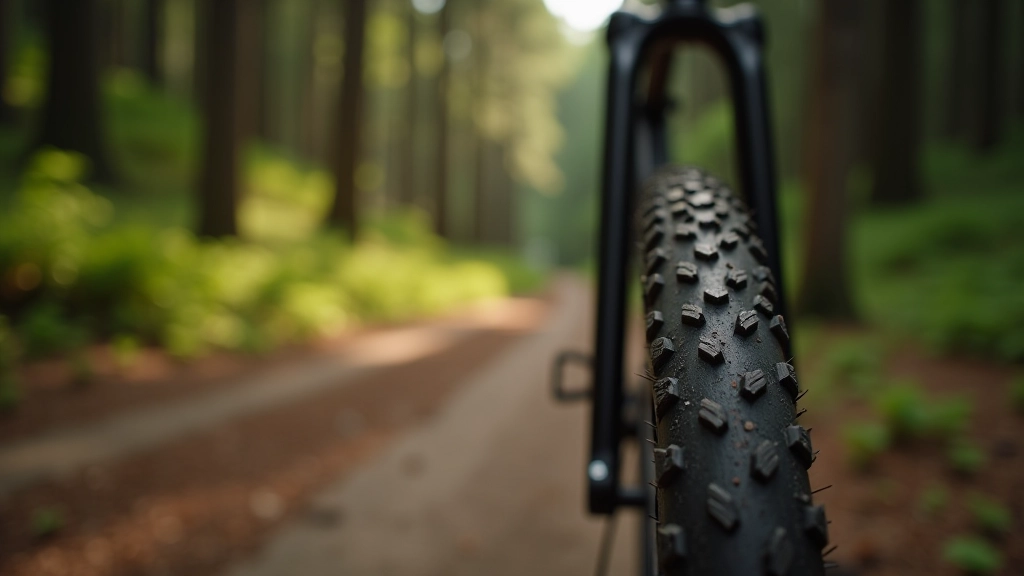 Close-up of gravel bike tire on forest path showing tread pattern and width