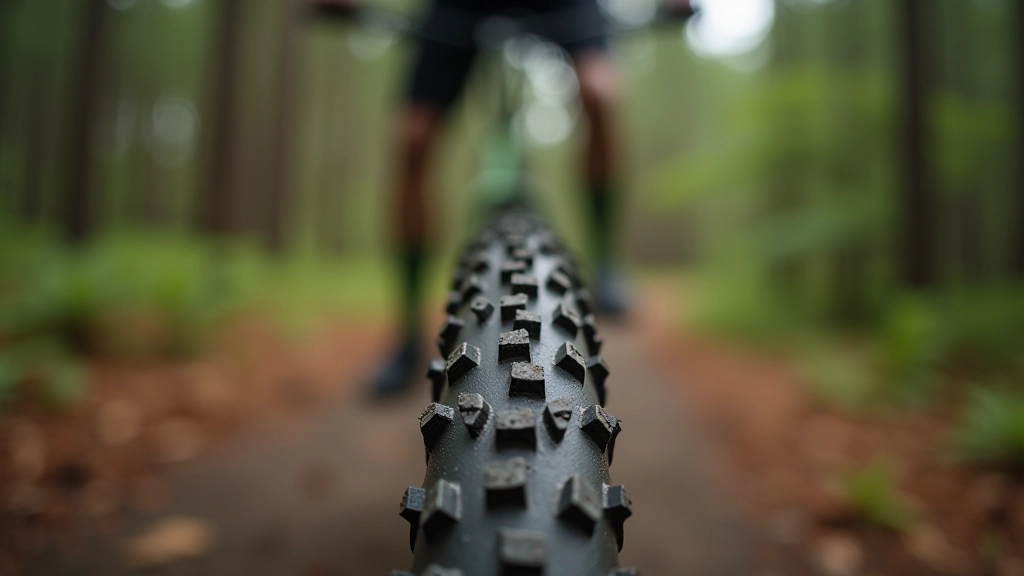 Close-up of gravel bike tire with moderate tread pattern on forest floor, demonstrating tire-to-ground contact