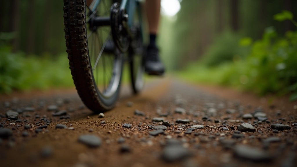 Close-up of gravel bike tires on forest path with different tread patterns visible