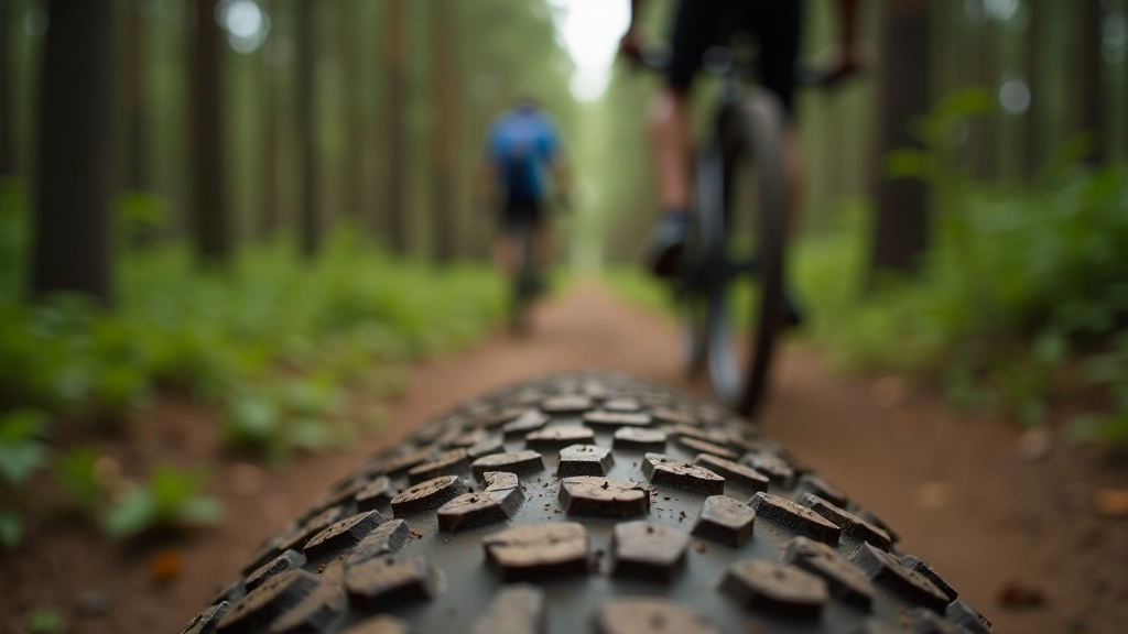 Close-up of gravel bike tires on forest trail showing tread pattern and width