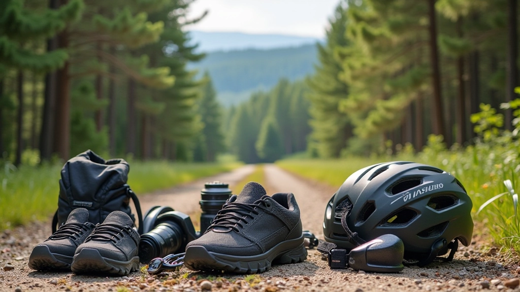 Gravel cycling gear laid out including helmet, gloves, and accessories