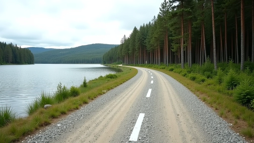 Gravel cycling path stretching along Engure Lake, white painted kilometer markers visible, dense pine forest on right side, calm lake water on left, professional outdoor photography