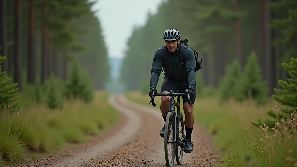 Gravel cyclist with essential gear on forest trail near Engure Lake, professional cycling equipment