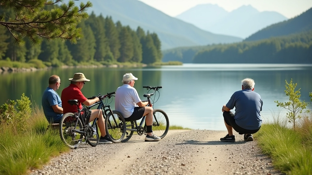 Cyclists taking a break by Engure Lake shoreline