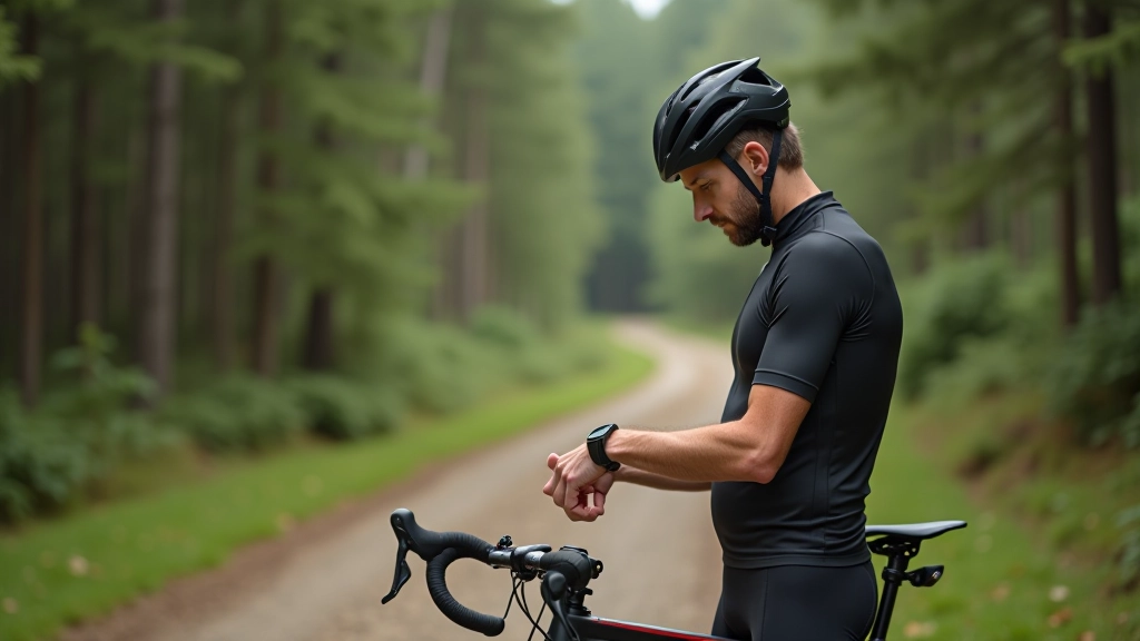 Cyclist in blue jersey standing next to gravel bike on forest trail, checking wrist-mounted cycling computer