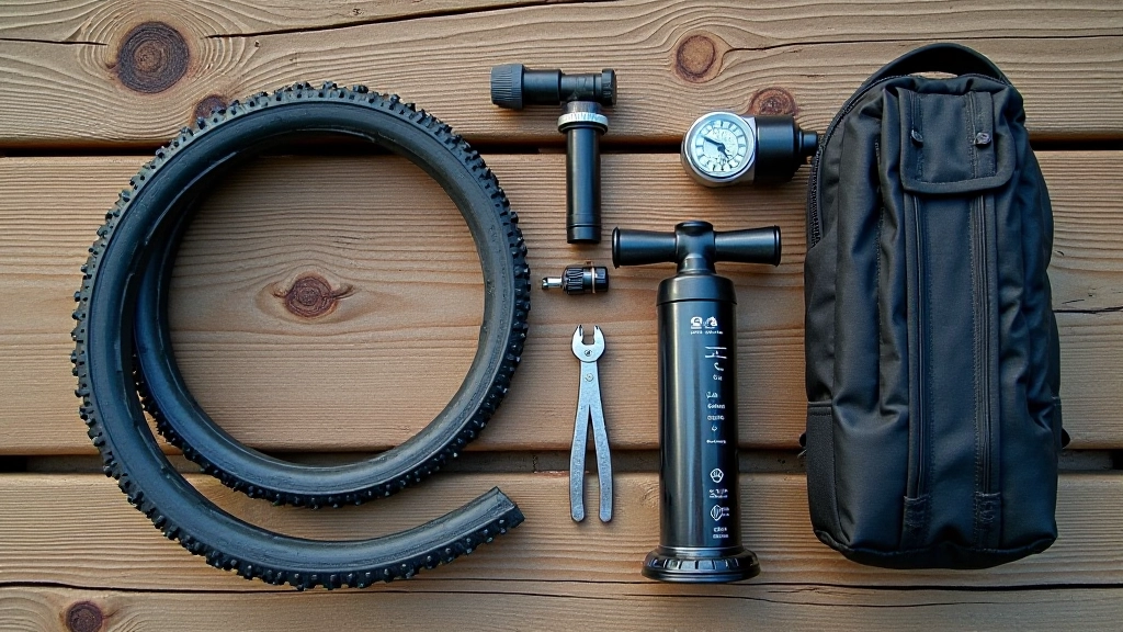 Organized gravel bike repair kit and essentials laid out including pump, spare tube, and multi-tool