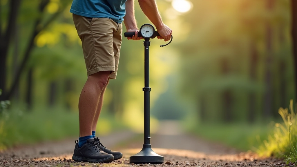 Cyclist using floor pump to inflate gravel bike tire, checking pressure gauge
