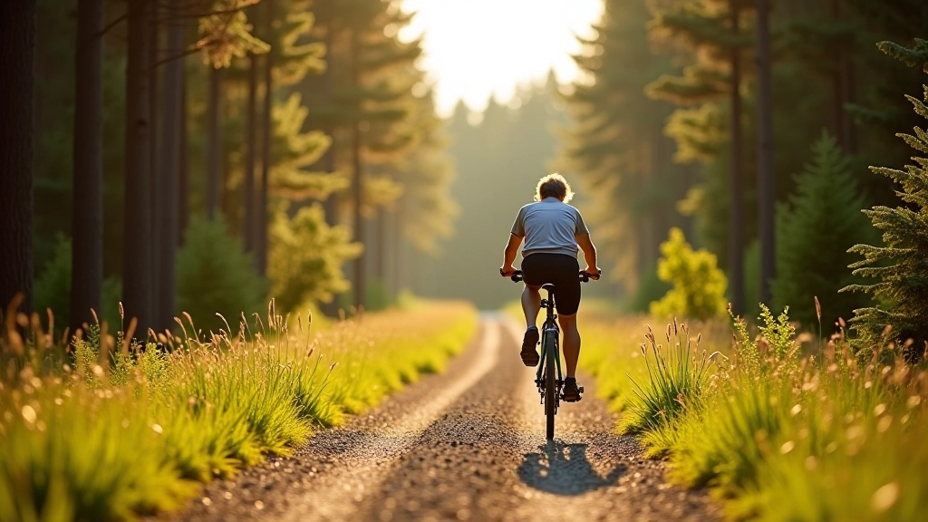 Retired cyclist on gravel bike riding through pine forest on sunny day, relaxed posture