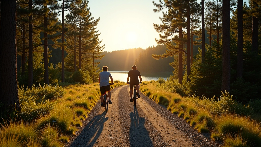 Scenic gravel cycling path through pine forest with lake in distance