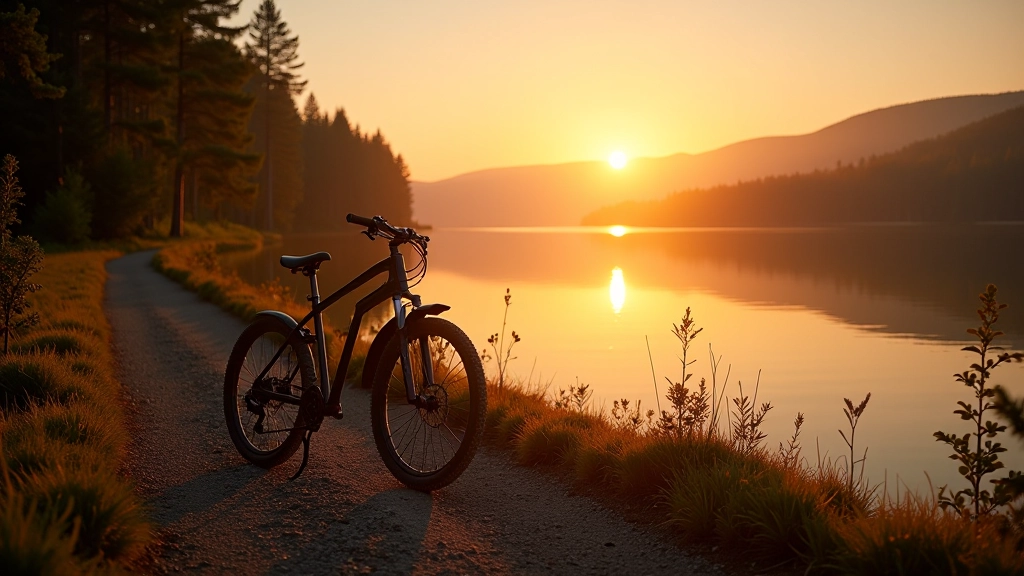 Scenic sunset over Engure Lake with gravel bike in foreground, calm water reflecting sky