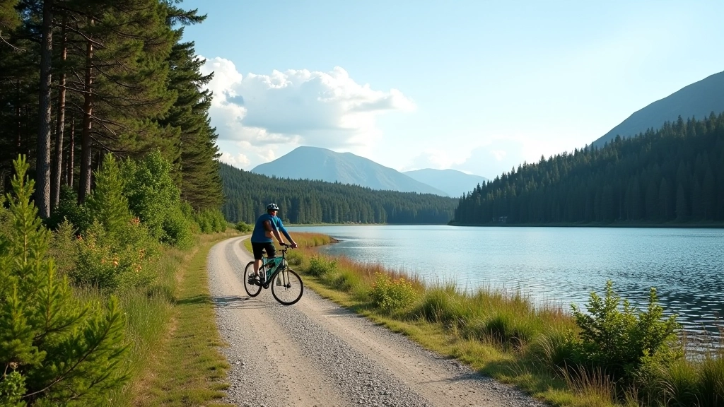 Scenic view of Engure Lake with gravel cycling path along shoreline and pine forest