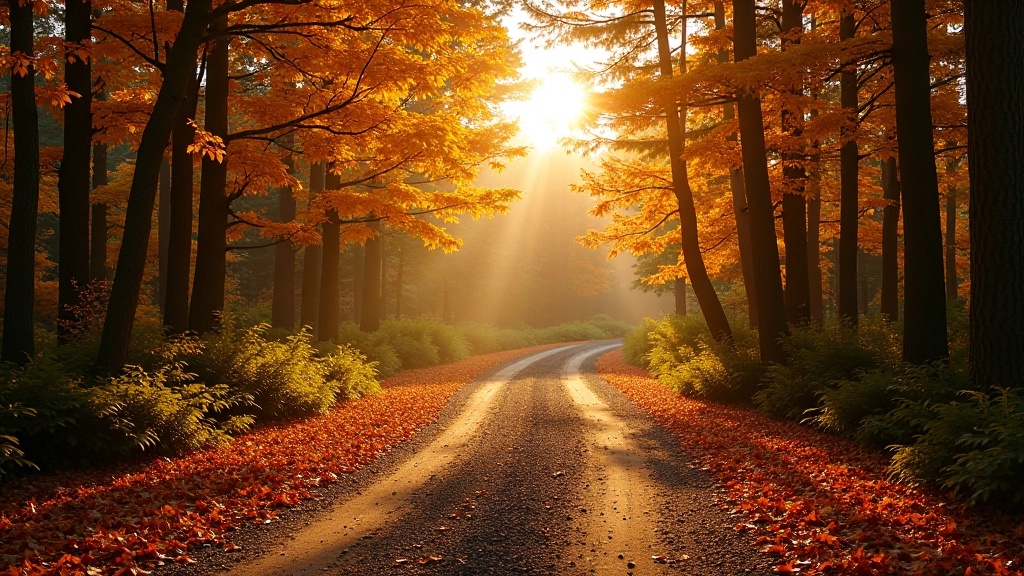 Seasonal view of Engure Lake Loop in autumn, golden hour lighting, fallen leaves on gravel path, forest colors changing, peaceful landscape
