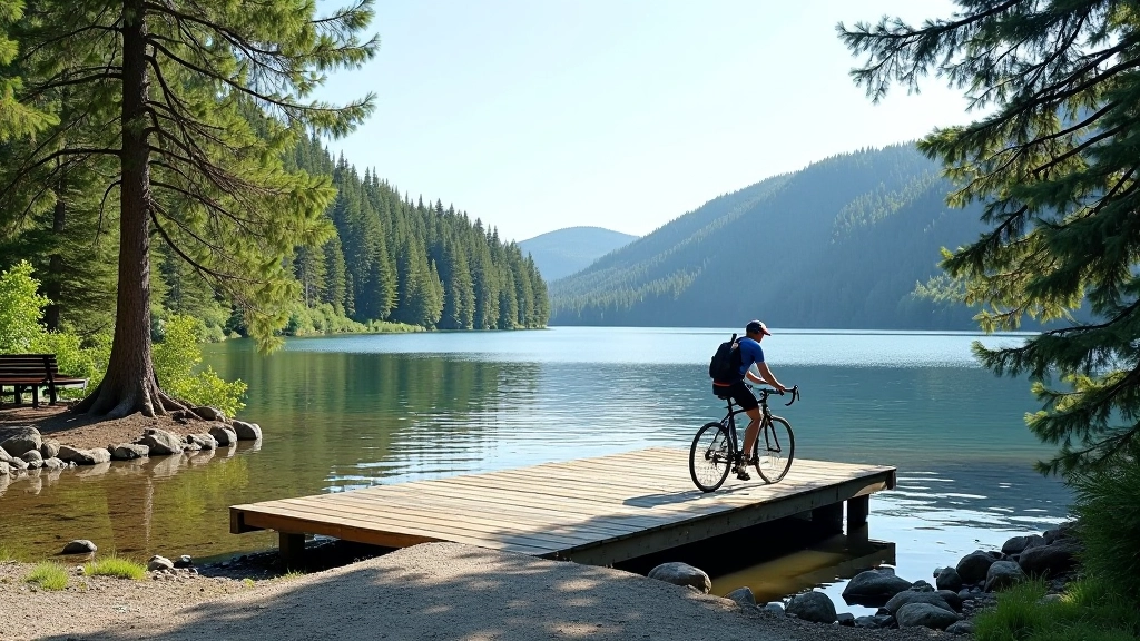 Water access point at Engure Lake with wooden platform, cyclist with bicycle nearby, scenic viewpoint with benches, clear day with good lighting
