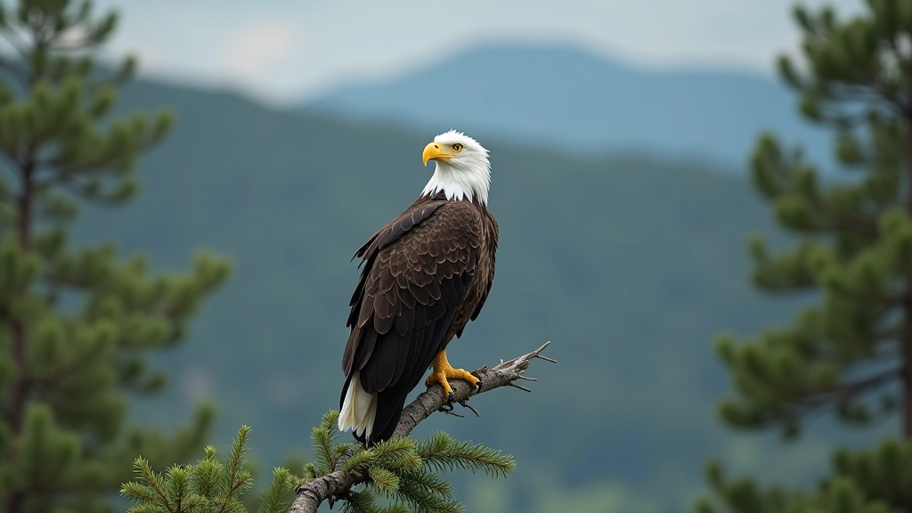 White-tailed eagle perched on pine branch overlooking Engure Lake, wildlife photography, professional nature shot, sharp focus on bird